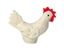 Witte hen in wolvilt met rode kam en snavel.
