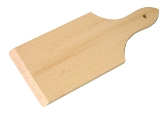 Speelgoed rechthoekige snijplank met een steeltje eraan en een gat in het steeltje om het op te hangen.