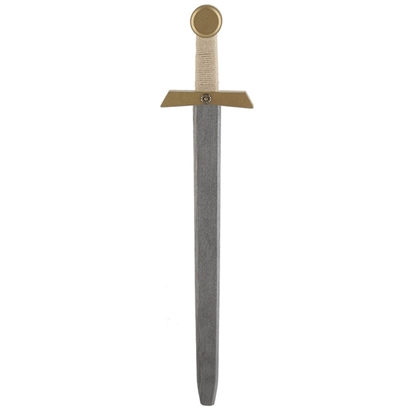 Groot houten zilveren speelgoed zwaard met gouden heft. Het handvat is omwonden met wit katoenen koord.