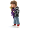 Doll for dollhouse, small boy with light blue trousers and grey and black striped hoody. He wears a Teddy bear in his arms and a purple cloth.