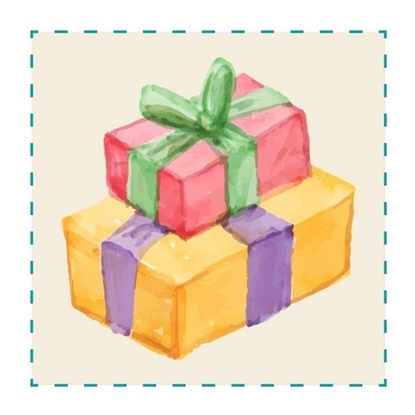 Een tekening van twee geschenken boven elkaar gestapeld, één wat groter geel geschenk met paarse strik vanonder en één kleinere rode cadeau met groene strik bovenaan.