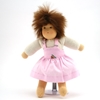 Small rag doll with brown mohair hair and brown eyes. She wears a with sweatshirt and pink pinafore gown. She looks like she is jumping.