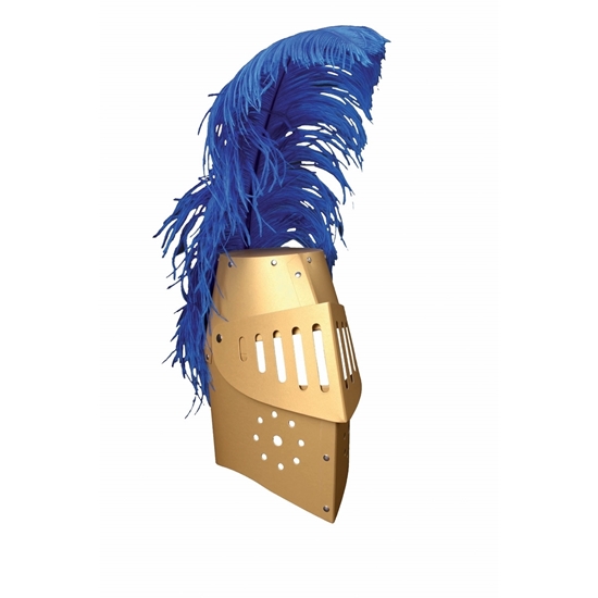 Heaume de chevalier en carton doré avec visière et plume d'autruche bleue.