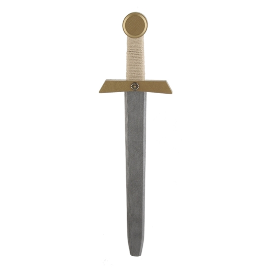 Houten speelgoed zwaard met zilver blad en gouden heft. Het handvat is omwonden met een witte  katoenen koord.