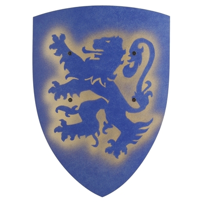 Blauw speelgoed schild gemaakt van gebogen hout en met erop afgebeeld een blauwe heraldische leeuw.