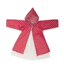 Bio poppenkleertjes bestaand uit een wit kleedje met rode stippen en een rode mantel met witte stippen.