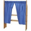 Playstand consisting of 2 vertical planks, 2 horizontal planks and 1 stick at the top, with 2 blue curtains.