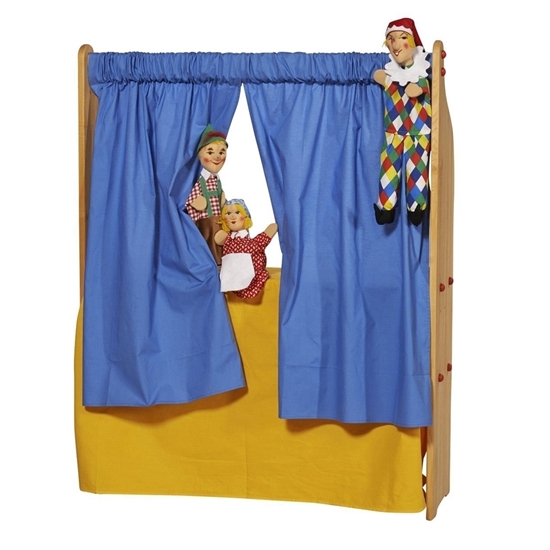Set de rideaux bleus pendus à une étagère de jeu pour jouer au guignol, avec 3 marionnettes.