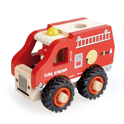 Rode speelgoed brandweerwagen met wit dak, zwarte rubberen  banden en een bestuurder.