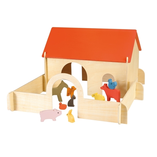 Speelgoed boerderij gemaakt van planken die in elkaar schuiven, muren in natuurhout, rood gelakt dak, geleverd met bijpassende dieren.