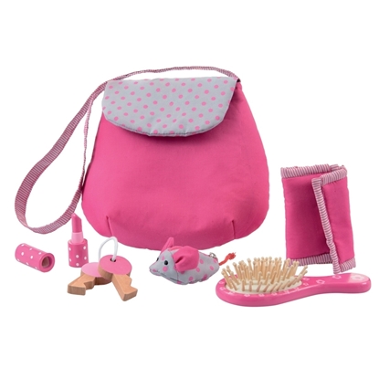 Een donker roze handtas met bebloemde klep en er rond  de inhoud: haarborstel, portemonnee, sleutelbos, portefeuille en lippenstift, allemaal in hout.