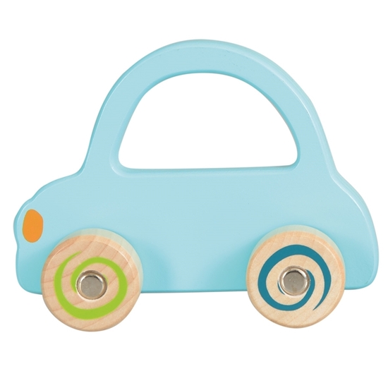 Light blue wooden toy car for baby hands.