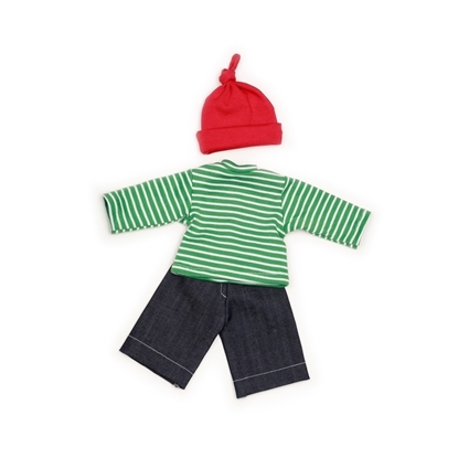 Poppenkleertjes bestaande uit een donker blauwe poppenjeans, een wit en groen gestreepte poppensweatshirt, en  een rode katoenen poppenmuts met een knoop in de top.
