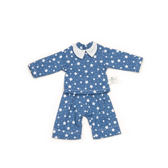Nanchen poppenkleding: poppenpyjama blauw met witte sterretjes en een wit kraagje.