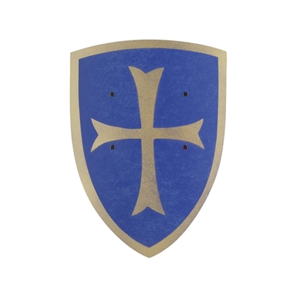 Petit écu de chevalier en contreplaqué de bois bleu courbé avec croix de templier dorée.
