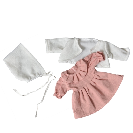 Set doll clothes: Pink cotton doll skirt, white cardigan and hat