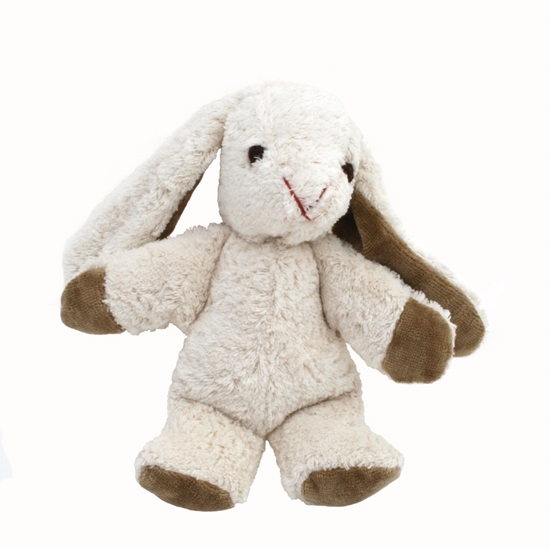 Petit doudou lapin en coton bio blanc, ayant l'intérieur de ses longues oreilles et les pattes en coton brun.