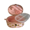 Kids sewing basket in pink fabric with golden dots  with plastic compartment and pin cushion inside.