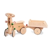 Wooden ride-on with steering wheel, horn and headlights and attached, its trailer behind