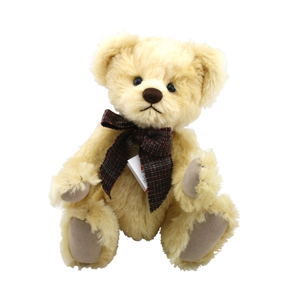 Lichtgele mohair Teddy Beer van 36 cm met een grote bruin geruite strik.