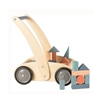 Chariot de marche en bois pour bébé avec cubes en bois en couleurs pastel.