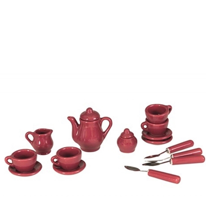 Speelgoed koffieservies in kersenrode porselein: koffiepot, suikerpot, melkkannetje, 4 kopjes, 4 schoteltjes en 4 theelepels.