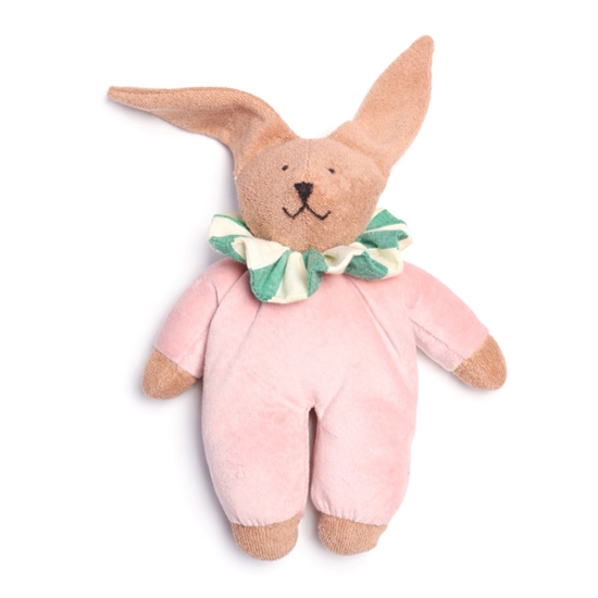 Nanchen knuffelkonijn  met roos pakje, wit en groen gestreept kraagje en lange oren van bruine badstof.