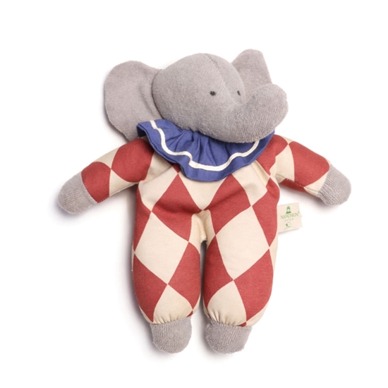 Nanchen knuffel olifant circus kleding: rood en witte ruiten pakje en blauwe kraag.