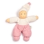 Roos en wit gestreepte badstof knuffelpop met witte pinnenmuts en roze pompon.