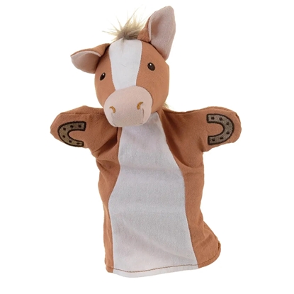 Bruine handpop paard in katoen, met manen in imitatiebont.