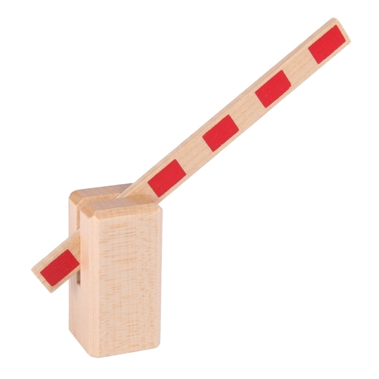 Houten spoorweg slagboom. Speelgoed slagboom, met rode strepen, kan omhoog en naar beneden.