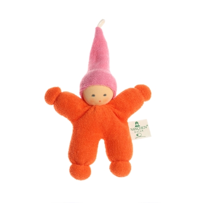 Klein kaboutertje Nanchen Wichtel oranje in bio katoen en bio wol.